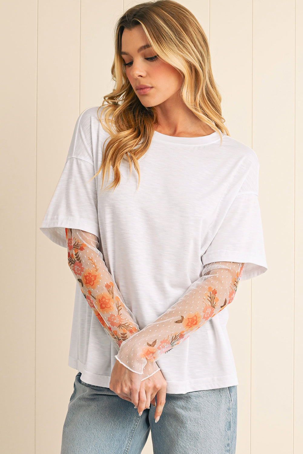 Floral Mesh Patchwork Sleeve Top