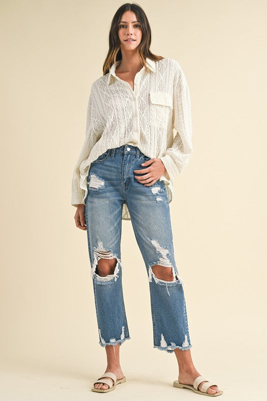 Distressed Raw Hem Cropped Jeans