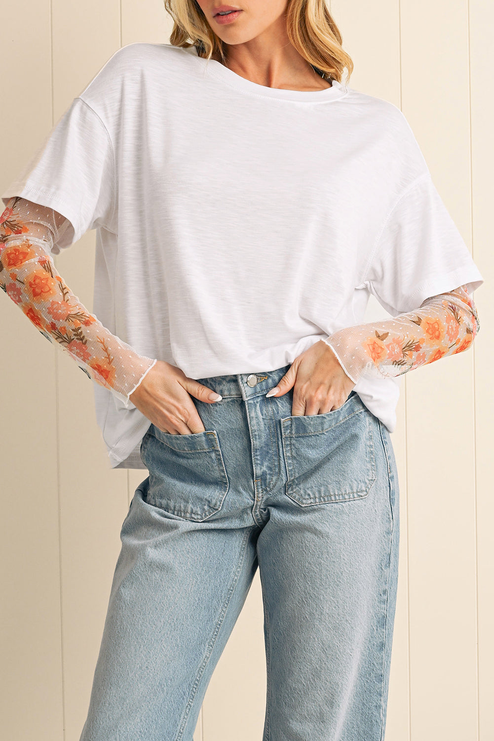 Floral Mesh Patchwork Sleeve Top