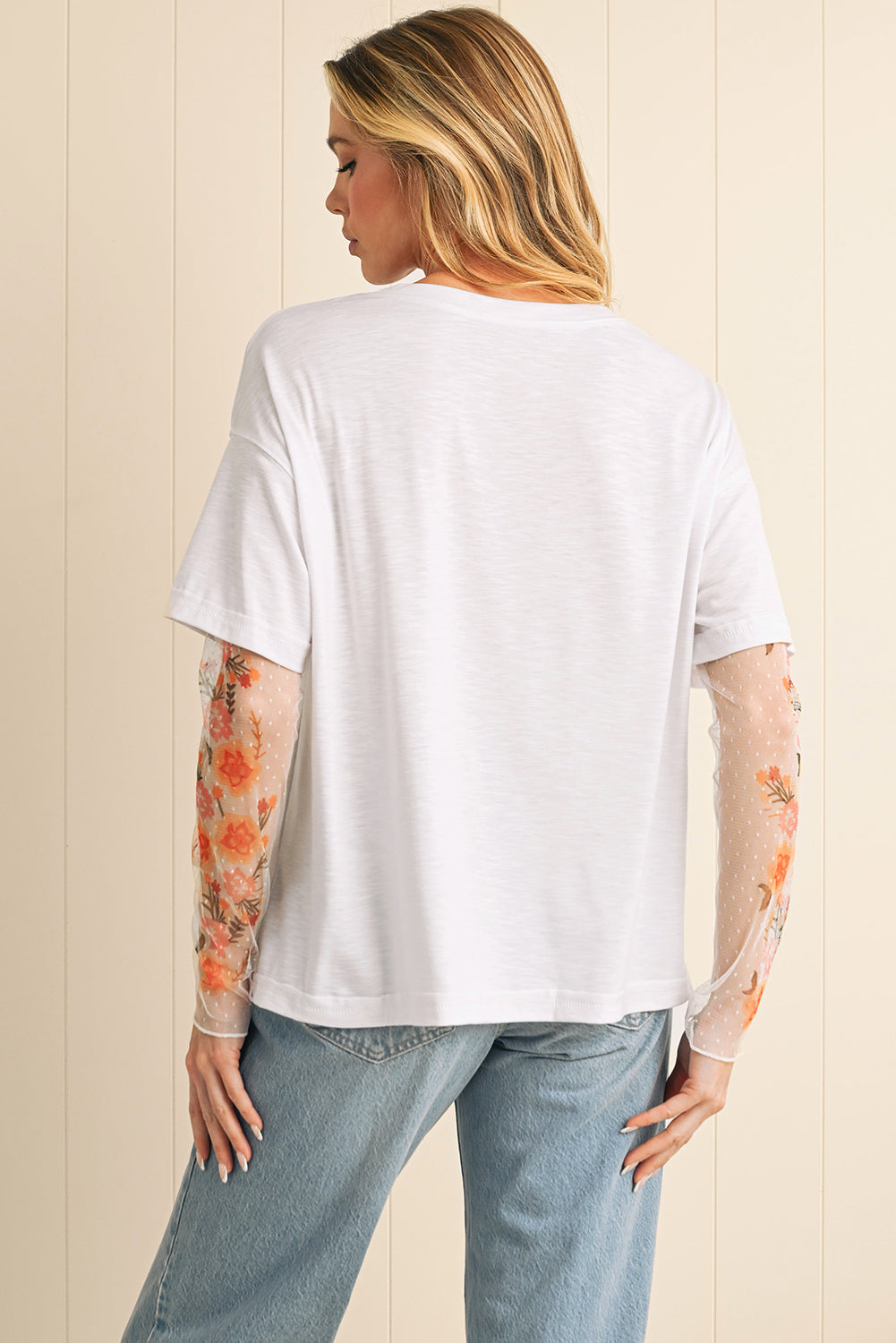 Floral Mesh Patchwork Sleeve Top