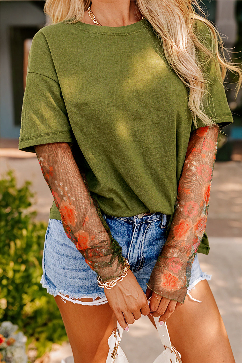 Floral Mesh Patchwork Sleeve Top