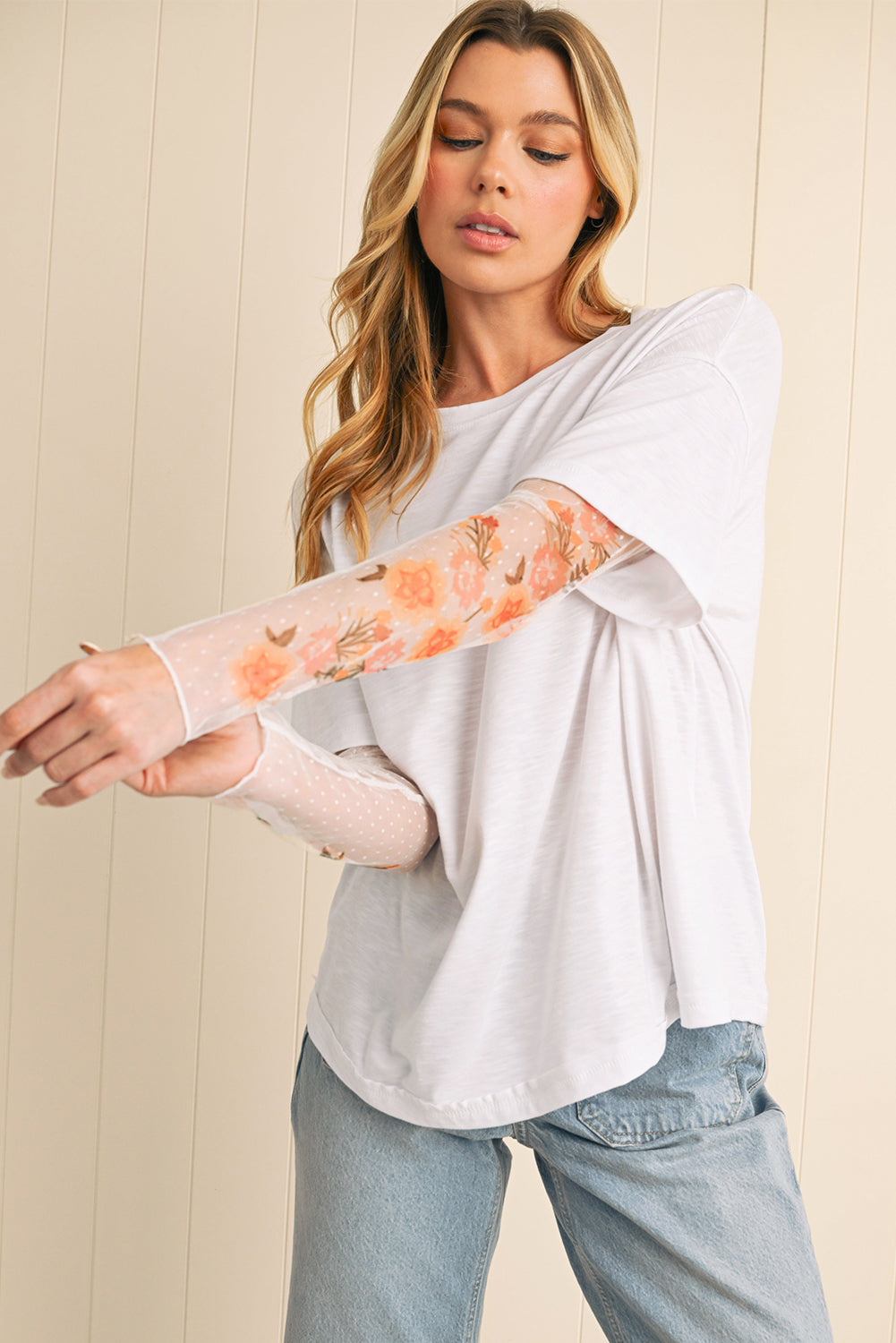 Floral Mesh Patchwork Sleeve Top