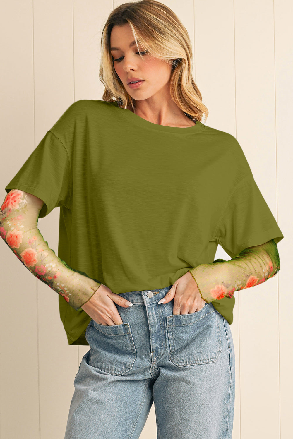 Floral Mesh Patchwork Sleeve Top