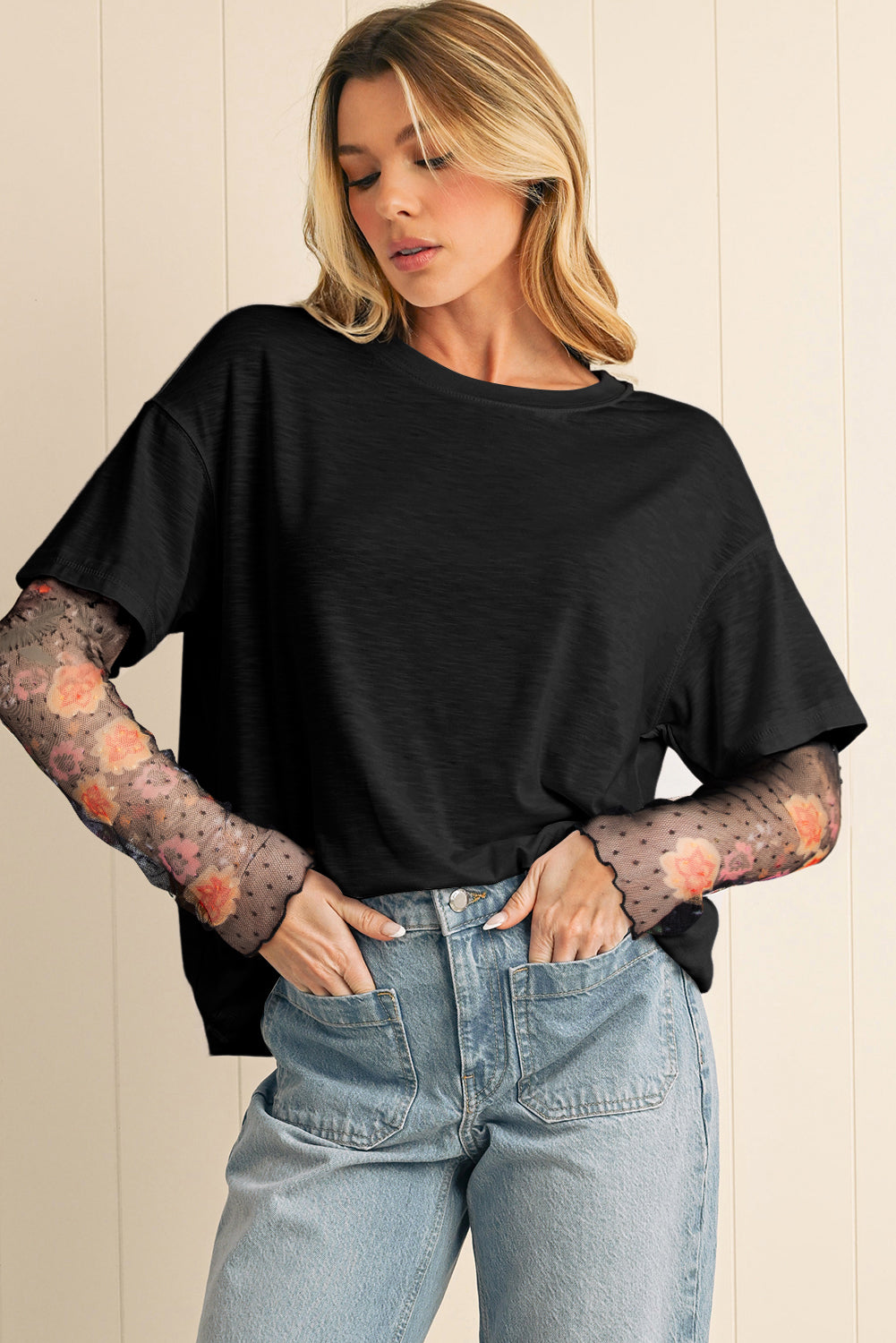 Floral Mesh Patchwork Sleeve Top