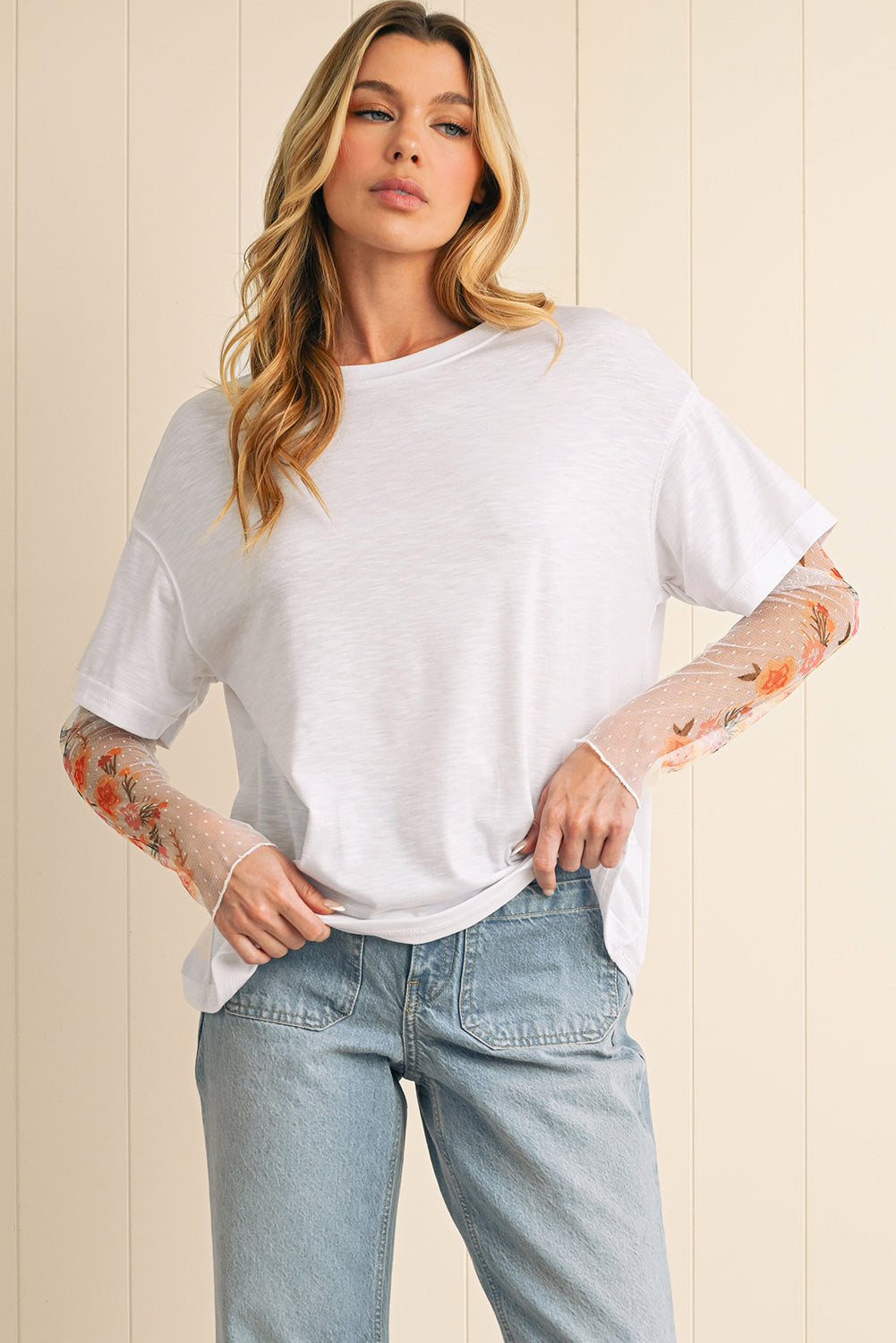 Floral Mesh Patchwork Sleeve Top