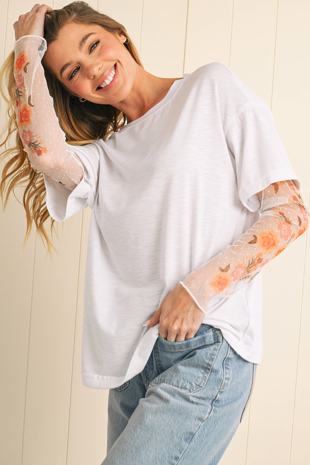 Floral Mesh Patchwork Sleeve Top